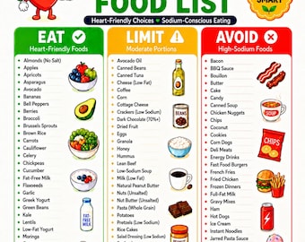 Puede incluir: Una infografía educativa titulada High Blood Pressure Food List con tres columnas etiquetadas como Eat, Limit y Avoid. Incluye un personaje de corazón de dibujos animados, listas de alimentos con ilustraciones y secciones codificadas por colores.