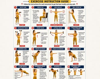 Puede incluir: Un póster instructivo titulado ARM FLAB WORKOUT que presenta 16 diagramas de ejercicios numerados con ilustraciones de una persona en ropa deportiva amarilla demostrando movimientos como flexiones de bíceps y flexiones.