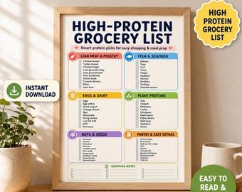 Puede incluir: Una lista de la compra rica en proteínas enmarcada que presenta secciones categorizadas para carne magra, aves, pescado, mariscos, huevos, lácteos, proteínas vegetales, frutos secos, semillas y artículos de despensa con casillas de verificación.