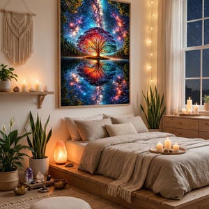 Puede incluir: Un dormitorio con una gran obra de arte enmarcada que representa un árbol colorido reflejado en el agua, sobre un cielo estrellado. La habitación incluye una cama con ropa de cama de tonos neutros, velas y plantas en macetas, creando un ambiente sereno.