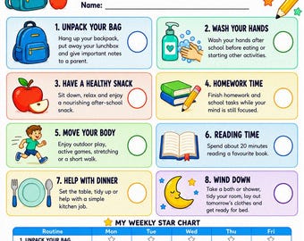 Puede incluir: Un gráfico imprimible titulado My After School Routine que presenta ocho pasos numerados con ilustraciones como una mochila, jabón, manzana, libros y una luna. Debajo hay un My Weekly Star Chart con columnas de lunes a viernes.