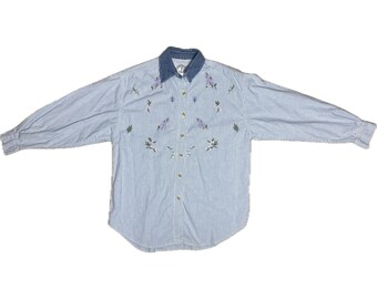 Vintage 90s Solutions Original Embroidered Blouse - Birdhouse Garden Pinstripe Button Down - Grandmacore Denim Collar Shirt - Women's Size M