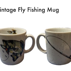 Vintage Department 56 flugfiskemugg, stor mugg för abborre med invändig grafik för bete, fiskargåva, stugdekor, spräcklig stenvattenfärg