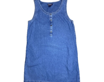 Vintage 90s Eddie Bauer Denim Jumper Dress - 100% Cotton Jean Pinafore - Sleeveless Button Front Shift Dress - Size Medium - Cottagecore