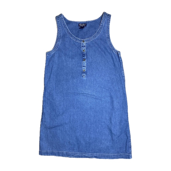 Vintage 90s Eddie Bauer Denim Jumper Dress - 100% Cotton Jean Pinafore - Sleeveless Button Front Shift Dress - Size Medium