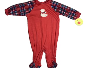 Vintage 90s Starting Out Christmas Baby Sleeper | Red Plaid Teddy Bear Footie Pajamas | Made in USA | Size 6 Months NWT