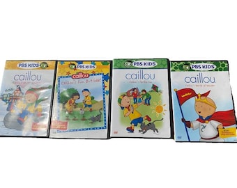 Op de afbeelding: Vier Caillou dvd-hoesjes worden getoond, elk met kleurrijke illustraties van het stripfiguur. De hoesjes hebben het PBS Kids-logo en titels als "Caillou's Fun Outside!" en "Caillou's World of Wonder."