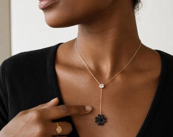 Rose Gold Black Flower Necklace, Minimalist Lariat Necklace, Elegant Y Drop Pendant, Dainty Jewelry for Women
