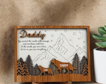 Personalized Daddy Wolf Family Sign, Custom Dad Gift from Kids, Wooden Father and Child Wall Art, Fathers Day Gift for Dad