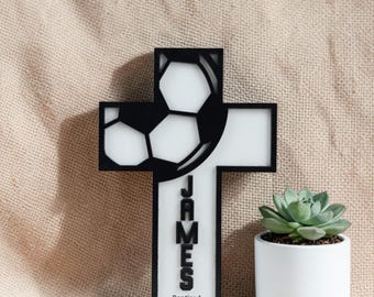 Personalized Soccer Cross Name Sign, Custom Baptism Gift for Boys, Christian Gift with Name and Date, First Communion Gift