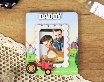 Personalized Tractor Daddy We Love You Photo Frame, Custom Farm Theme Gift for Dad, Wooden Picture Frame Fridge Magnet, Fathers Day Gift