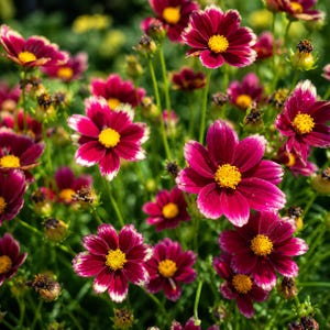 May include: A close-up of vibrant Coreopsis flowers in full bloom. The flowers have deep burgundy petals with white edges and bright yellow centers. The image captures a field of these colorful flowers, surrounded by green foliage.