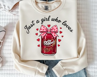 Just a Girl Who Loves Dr Pepper PNG, Funny Soda Lover Sublimation with Pink Bow Clipart, Retro Dr Pepper, Coquette Valentine