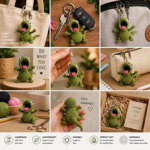 May include: A collection of handmade green crochet dinosaur keychains with open mouths and pink tongues. The keychains are displayed with keys, bags, and gift boxes. Text includes "Funny, Cute, Handmade, Made with Love".