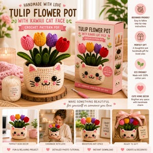 Tulpen Blumentopf Häkelanleitung, Katzengesicht Übertopf Amigurumi, süsser Schreibtisch Dekor, handgemachtes Geschenk, anfängerfreundliches DIY