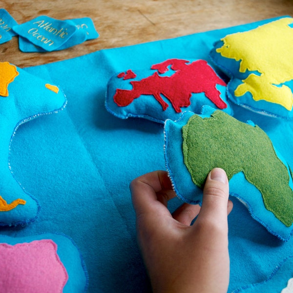 Handmade Montessori Work - Wool Felt Continent Geography learning tool by Aly Parrott on Etsy.