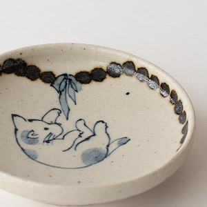 Handmade Japanese Cat Ceramic Small Dish, Blue and White Pottery 9cm 3.5" Mamezara Plate - Sometsuke Style Tableware by Maki Higuchi
