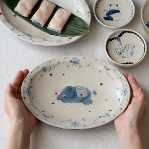 Handmade Japanese Elephant Ceramic Oval Dish, Blue and White Pottery 22.5cm Plate -Sometsuke Style Tableware by Maki Higuchi