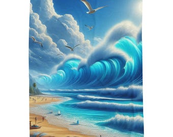 Sea Wave Beach Blanket Velveteen Plush Blanket | Ocean Waves Coastal Throw