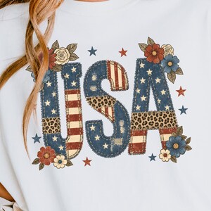USA PNG Shirt Design, Vintage Americana Patchwork Style, Patriotic 4th of July Sublimation Graphic, Digital Download