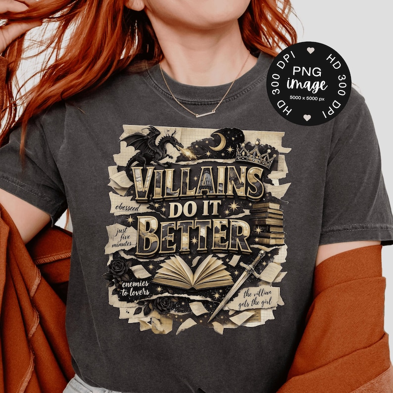 May include: Dark gray t-shirt with the text "VILLAINS DO IT BETTER" in a distressed design. The graphic includes a dragon, crown, open book, sword, and other elements. The shirt has short sleeves.