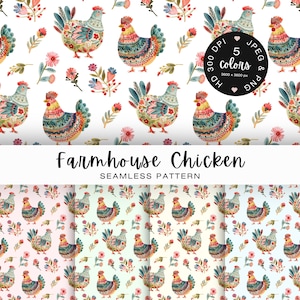Ensemble de motifs sans couture de poules de ferme – Papier numérique pour tissu rustique fleuri style cottagecore