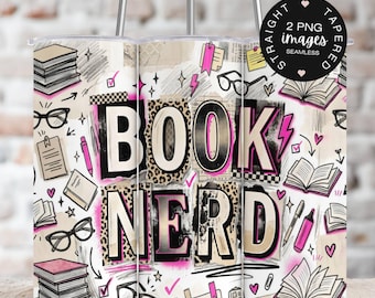 Book Nerd 20oz Tumbler Wrap PNG - Pink Leopard Book Lover Reading Sublimation