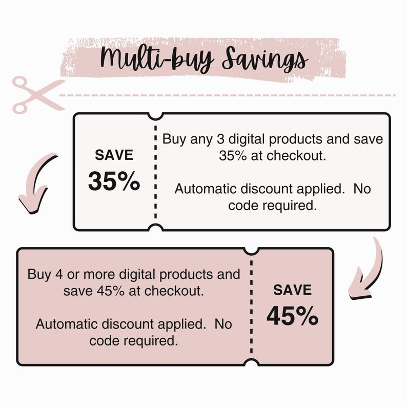 May include: A digital graphic with the text "Multi-buy Savings". It features two coupon-style rectangles offering discounts: Save 35% when buying 3 digital products and Save 45% when buying 4 or more.
