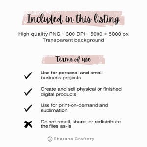 May include: A digital product listing graphic with text that reads "Included in this listing" and "Terms of use". The graphic includes details about the product, such as high-quality PNG, 300 DPI, and a transparent background. It also lists permitted uses.