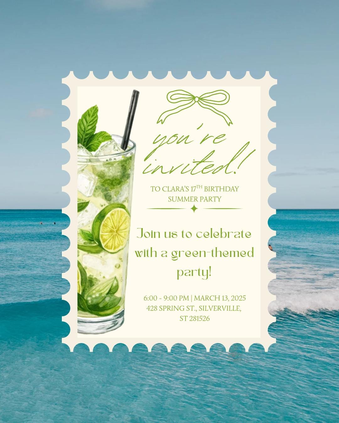 Party Invitations Inspiration Green Cocktail Birthday Party Invitation | Elegant Summer Party Invite ...