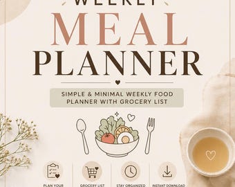 Weekly Meal Planner Printable | Food Organizer, Grocery List (Digital Download)
