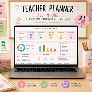 May include: A laptop displaying a digital teacher planner dashboard with attendance, grade, and assignment tracking. The screen shows the text Teacher Planner, and the workspace includes a notebook, pencils in a cup, an apple, and motivational signs.