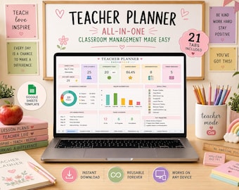 Teacher Planner | Google Sheets Excel Template | Lesson Plan Gradebook Attendance Tracker | Classroom Organizer | Instant Download