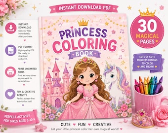 Princess Coloring Book Printable PDF for Girls Kids | Cute Kawaii Fairy Tale Unicorn Castle Coloring Pages | Instant Download Activity Pack