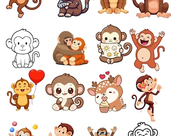Cartoon Monkey PNG Bundle | Baby Jungle Clipart, Sublimation Graphics (Digital Download)