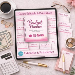 May include: A digital tablet displays a pink and white budget planner with the text "Budget Planner." The image includes a calculator, money, a cup of coffee, coins, a pen, and glasses. The text "Canva Editable & Printable!" is also visible.