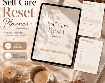 Self Care Reset Planner Printable | Canva Editable Wellness Journal, Habit Tracker & Daily Routine Template PDF