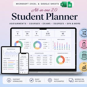 Student Planner Spreadsheet, Google Sheets planner with assignment tracker, GPA calculator, study schedule|Academic Dashboard