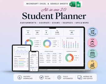 Student Planner Spreadsheet, Google Sheets planner with assignment tracker, GPA calculator, study schedule|Academic Dashboard
