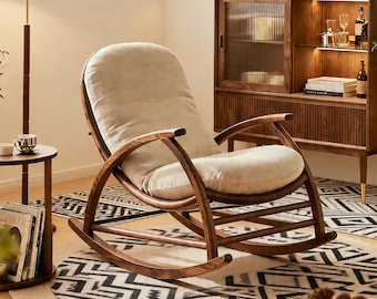 Scandinavian Wooden Rocking Chair, Modern Solid Wood Lounge Chair with Cushioned Seat, Minimalist Nordic Relaxing Chair for Living Room
