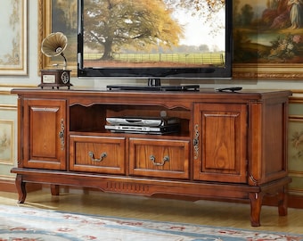 Handmade Solid Wood TV Stand Cabinet, Farmhouse Media Console, Rustic Entertainment Center with Storage Drawers for Living Room