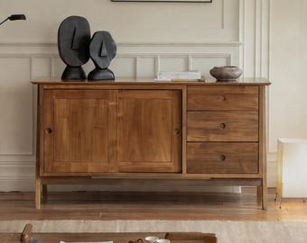 Handmade Teak Sliding Door Sideboard Cabinet, Modern Buffet Storage, Minimalist Scandinavian Design, 3-Drawer Kitchen or Living Room Cabinet