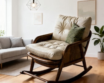 Skandinavischer Mid Century Nussbaum Schaukelstuhl, Polster Lounge Rocker, Skandinavischer Holz Sessel, Moderner Relaxsessel für Wohnzimmer