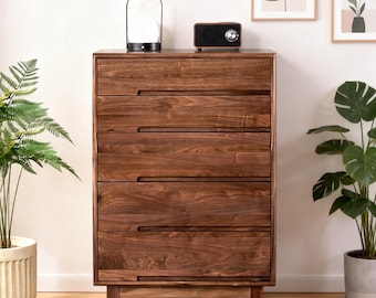 Cassettiera a 5 cassetti in noce, realizzata a mano in stile Mid-Century, mobile contenitore minimalista scandinavo, organizer per camera da letto.