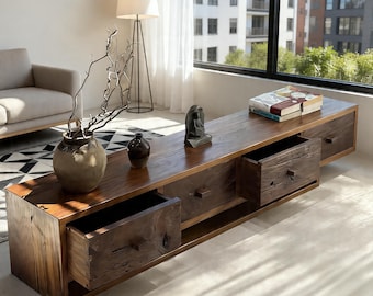 Mueble de TV rústico hecho a mano en madera maciza, consola multimedia baja con cajones, aparador de estilo recuperado, mueble de madera minimalista para sala de estar.