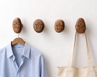 Custom Wood Wall Hooks, Pebble and Water Drop Shapes, Modern Entryway Coat Rack, Walnut and Beech Minimalist Home Decor