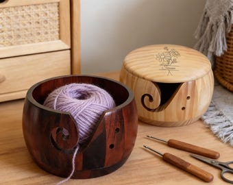 Personalized Wooden Yarn Bowl, Handmade Knitting & Crochet Yarn Holder with Holes, Custom Engraved Yarn Organizer Gift