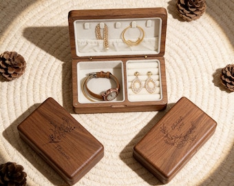 Personalized Birth Flower Wooden Jewelry Box, Custom Engraved Name Travel Jewelry Case, Walnut Keepsake Gift for Her
