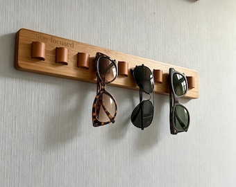 Personalized Wooden Sunglasses Holder, Wall Mounted Glasses Organizer, Leather Strap Eyewear Rack, Custom Bamboo Shelf, Home Office Gift