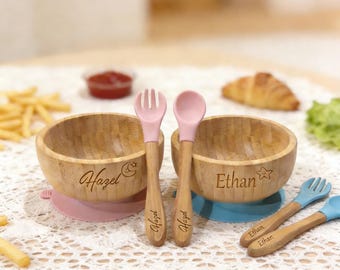 Personalized Bamboo Baby Bowl and Spoon Set - Eco-friendly First Birthday, Housewarming, Snack and Fruit Bowls - Handmade Engraved Gift